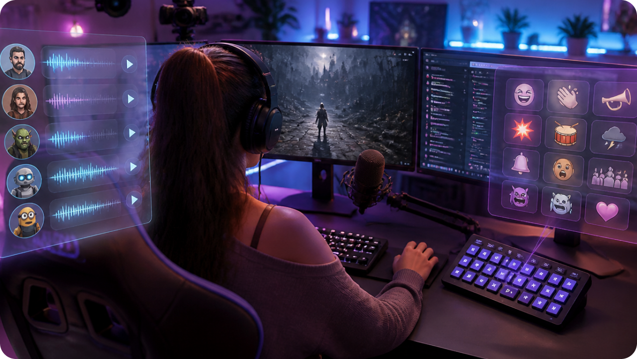 AI voice personas and hotkey-triggered soundboard for live streaming